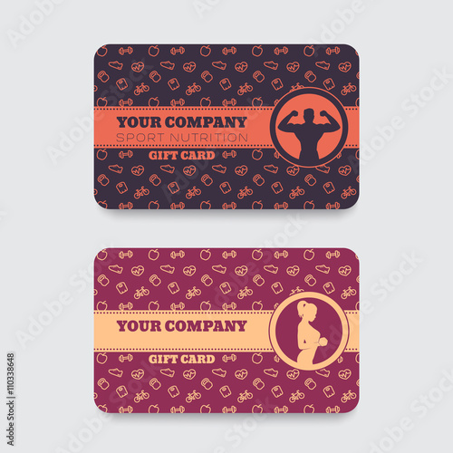 Gift card design for sport nutrition store, shop, vector illustration