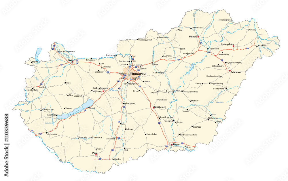 detailed vector road map of hungary with major cities rivers and lakes