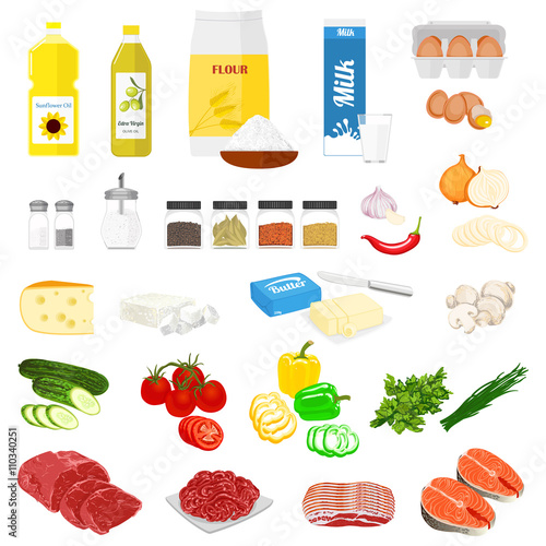Set of pictures of the food for cooking and the recipes. Vector colorful illustration in flat style.