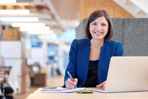 Photography Busineswoman smiling broadly while working in her office cubicle