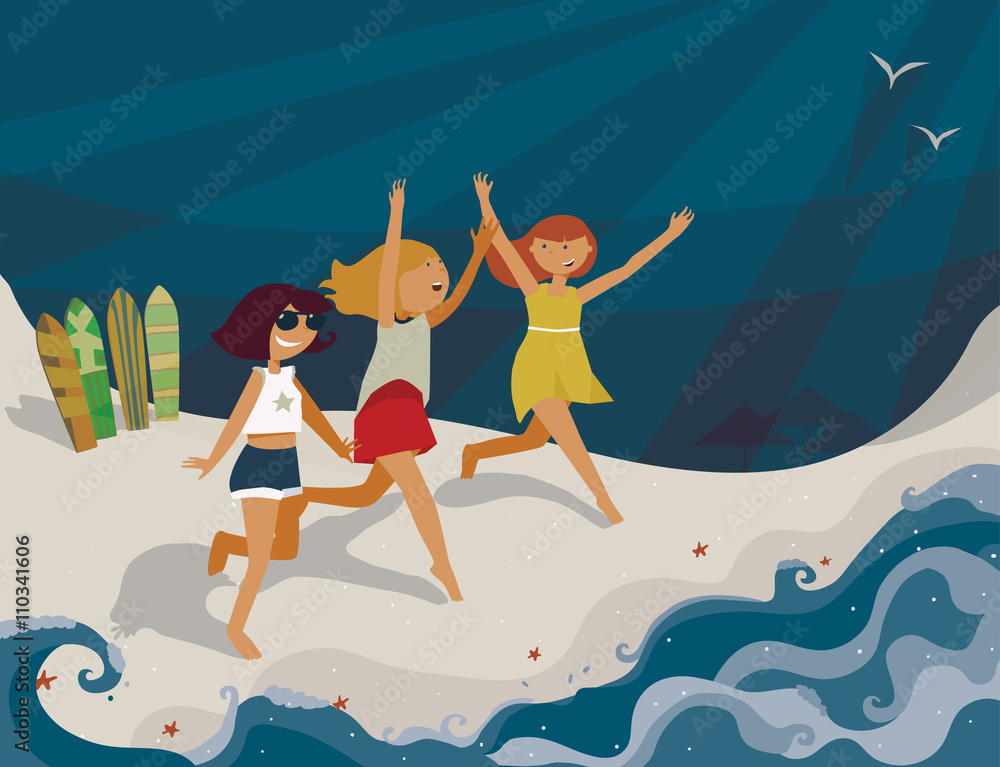 Horizontal bright illustration with young girls going to the sea. Vector image, with surf boards, sea, fun and happy girls. Blue sun, shadows and starfish on sand. Girls running with hands up, smiling