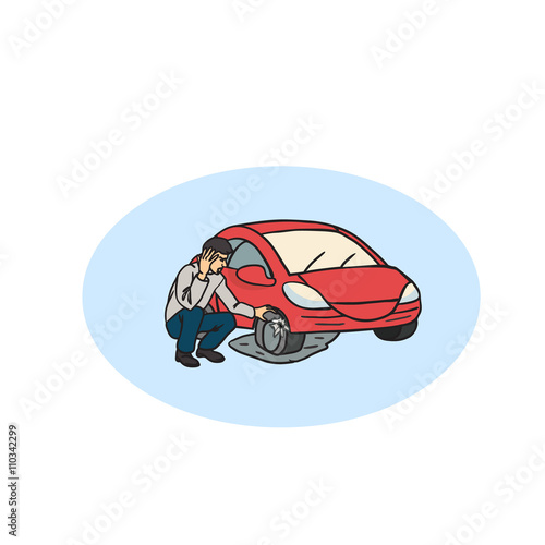 Flat tire on the road.  Man having Car Trouble Accident Cartoon