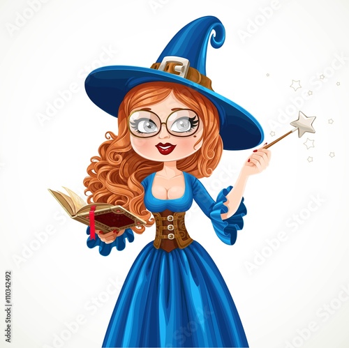 Beautiful witch wearing in blue dress holding a magic wand and b