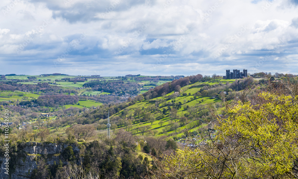English countryside and Matlock town seen from Heights of Abraham, Derbyshire, UK