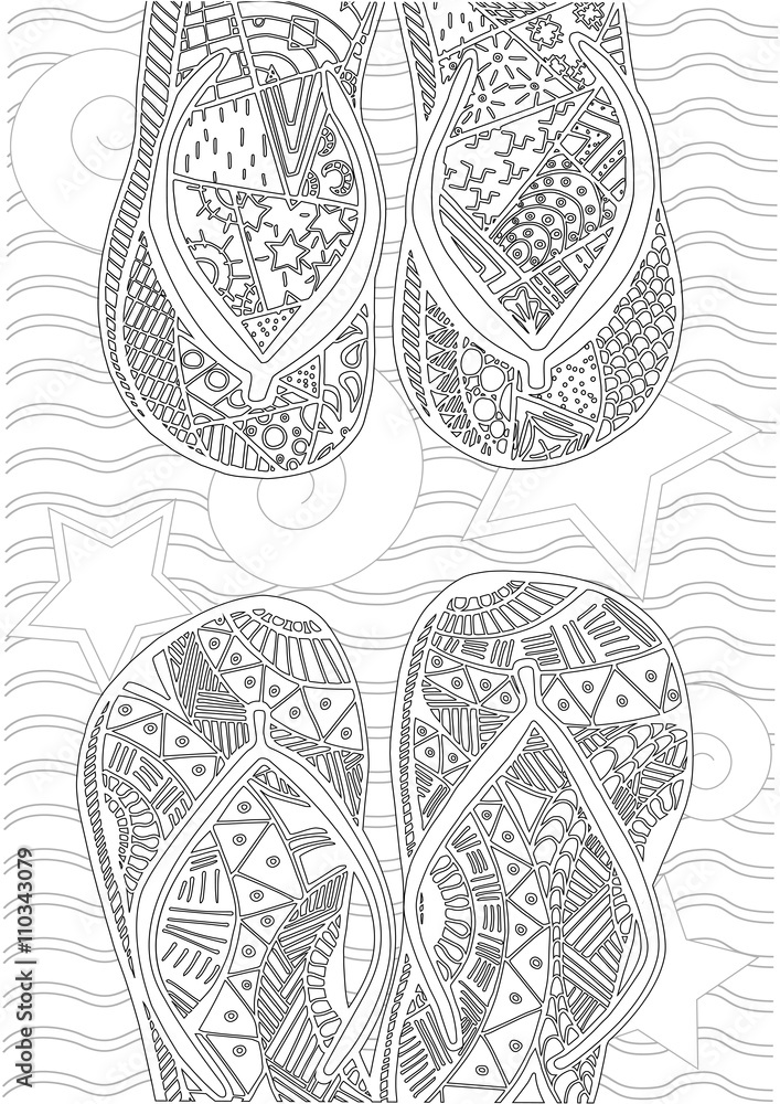 Hand drawn zentangle of flip flops at the beach for coloring book Stock ...