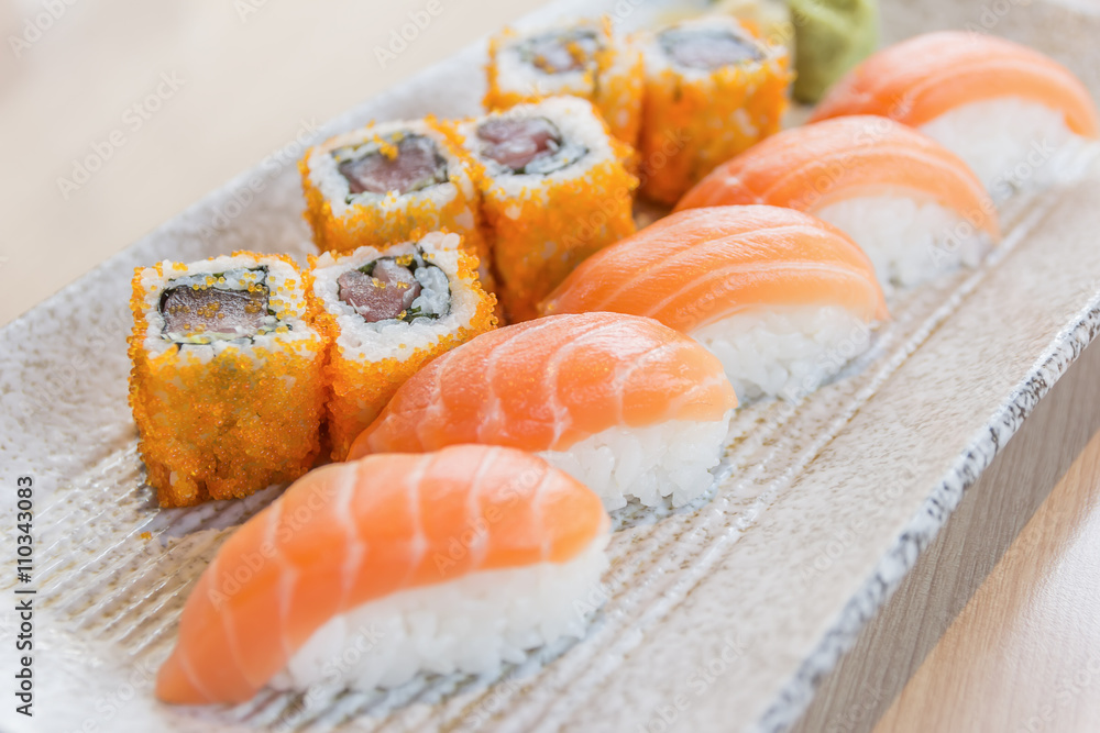 homemade sushi with salmon, cream cheese Philadelphia, Japanese homemade sushi with salmon, cream cheese Philadelphia, Japanese