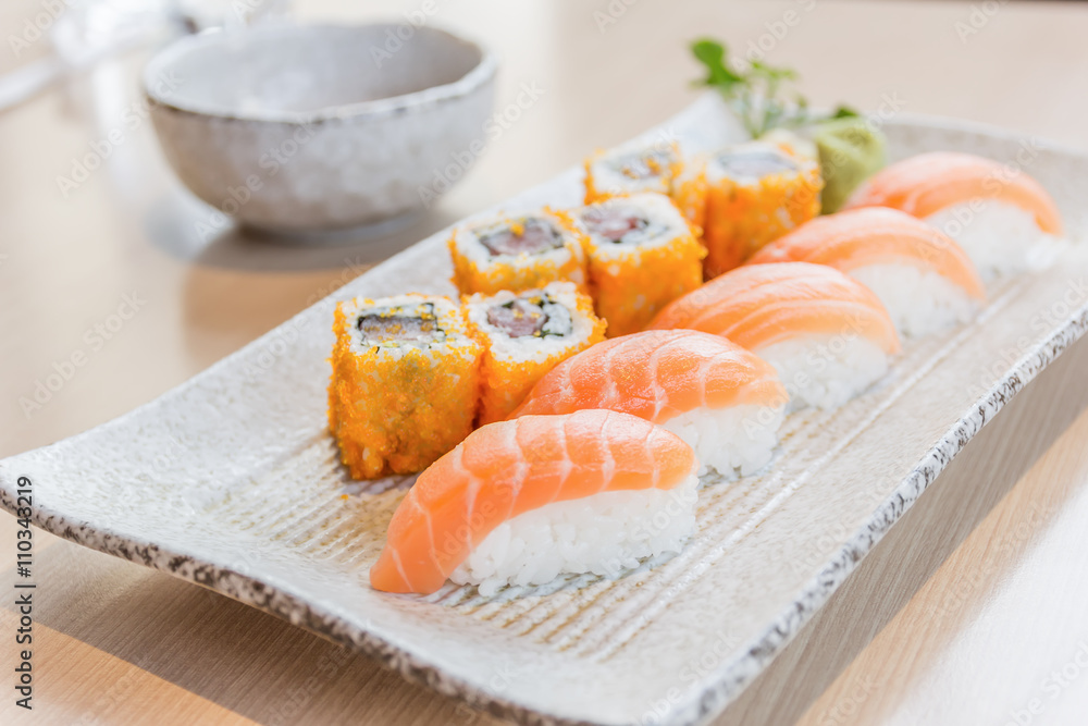 homemade sushi with salmon, cream cheese Philadelphia, Japanese homemade sushi with salmon, cream cheese Philadelphia, Japanese