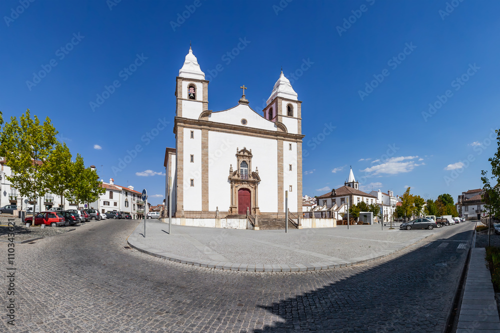 Facade of Santa Maria da Devesa church, the mother church of Castelo de Vide and Dom Pedro V square, Alto Alentejo, Portugal.