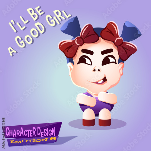 Revengeful laughing little girl with pigtails and bows. Acidly Tot isolated vector illustration.