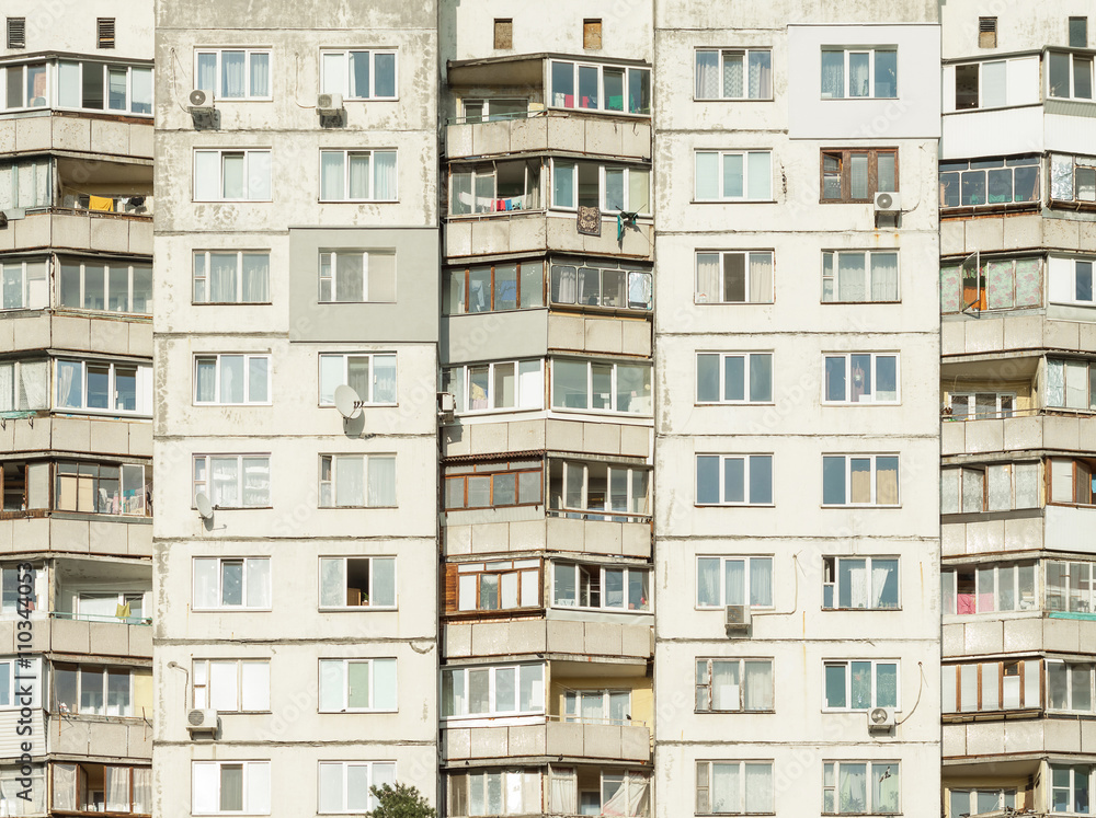 Balconies in a modern pre-fabricated house. Kiev, Ukraine. European travel photo.