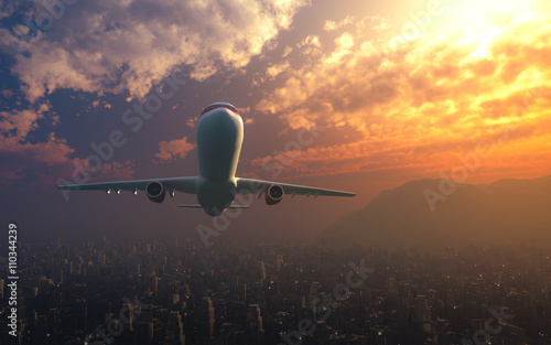 Airplane flying over the city sunrise 3d rendering