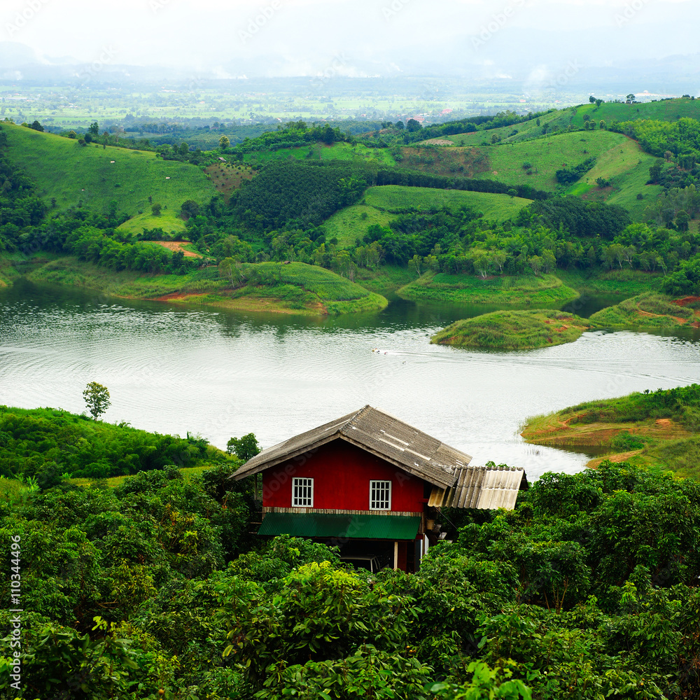 red house and Lake view, Thailand.
