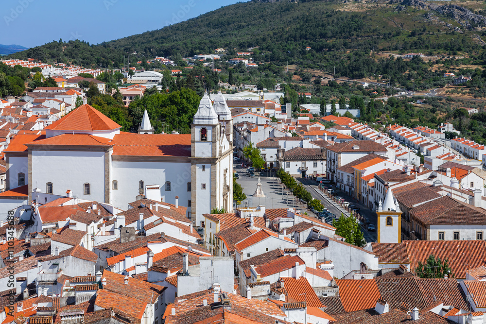 View of the Santa Maria da Devesa church and Dom Pedro V square seen from the Castle Tower. Castelo de Vide, Alto Alentejo, Portugal.
