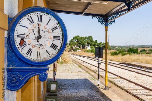 Broken clock in the deactivated train station of Crato. One of the many deactivated stations in the interior of Portugal (Alentejo).