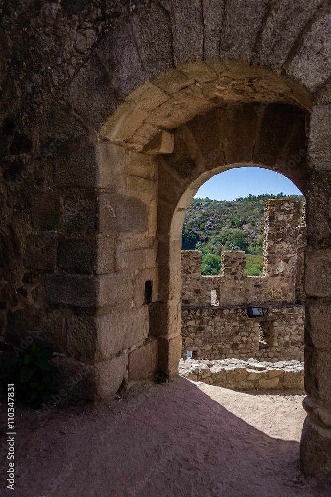  Bailey entrance of the Templar Castle of Almourol. One of the most famous castles in Portugal. Built on a rocky island in the middle of Tagus river.
