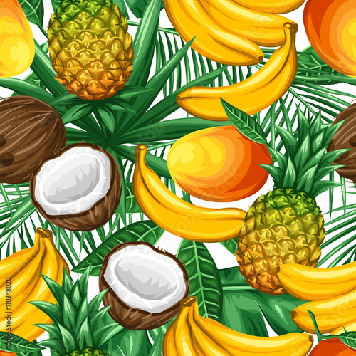 Seamless pattern with tropical fruits and leaves. Background made without clipping mask. Easy to use for backdrop, textile, wrapping paper