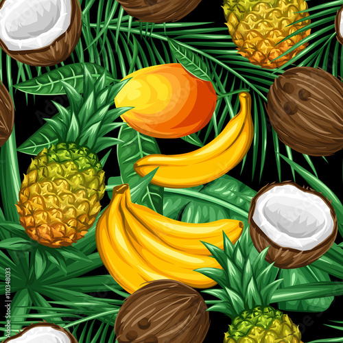 Seamless pattern with tropical fruits and leaves. Background made without clipping mask. Easy to use for backdrop, textile, wrapping paper
