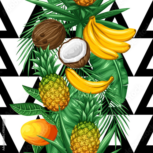 Fototapeta Naklejka Na Ścianę i Meble -  Seamless pattern with tropical fruits and leaves. Background made without clipping mask. Easy to use for backdrop, textile, wrapping paper