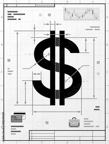 Dollar symbol as technical drawing. Stylized drafting of money sign with title block. Qualitative vector illustration about banking, financial industry, economy, business, accounting, etc