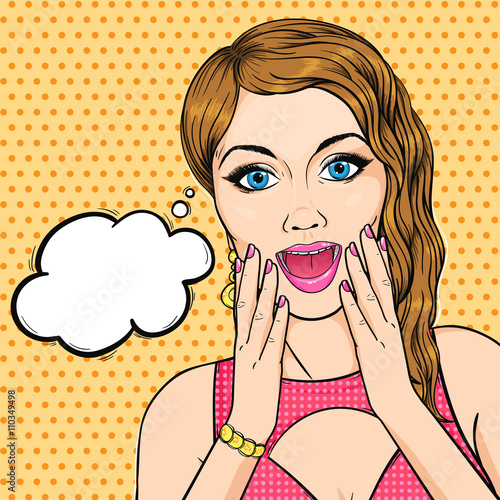 Shocked woman face, amazed woman face with open mouth and thought balloon in pop art retro comic style.