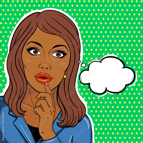 Vector african american business woman with thinking bubble in pop art comic style. African manager woman or business boss woman brainstorming concept.