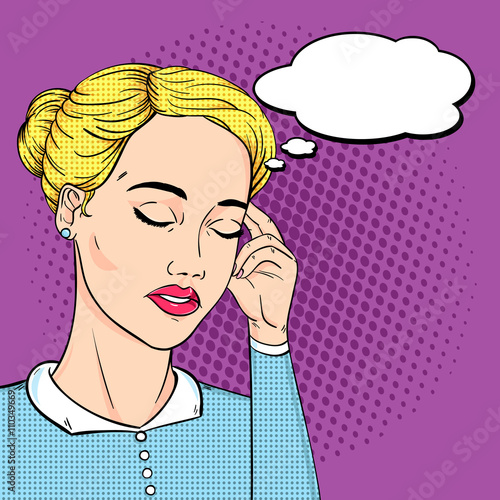 Business woman headache with thought bubble in pop art retro comic style. Vector stressed woman worker tired face.