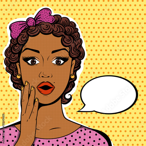 Vector African American woman portrait - shocked face with open mouth, short curly brown hair, speech bubble in pop art retro comic style.