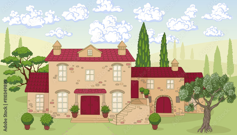Cartoon landscape with house, trees and clouds.