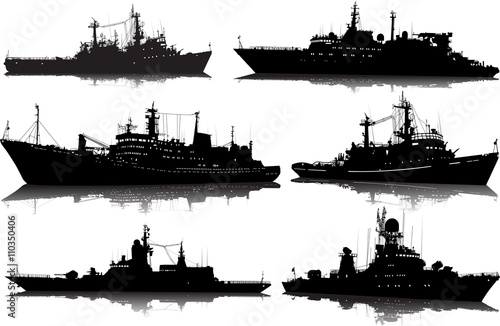 Vector set of six silhouettes of the military ship on a white background