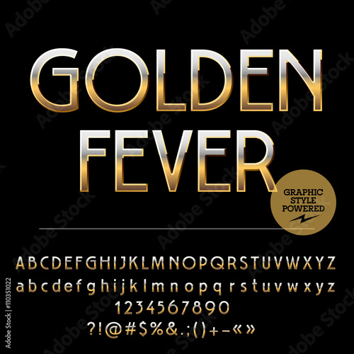 Vector set of royal golden alphabet letters, numbers and punctuation symbols. Art Deco style