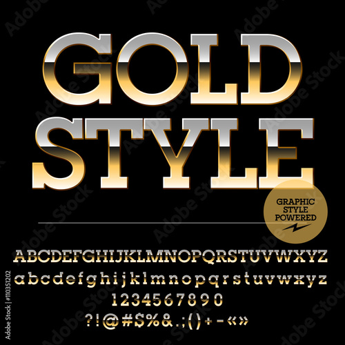 Vector set of luxury golden alphabet letters, numbers and punctuation symbols. Slab style