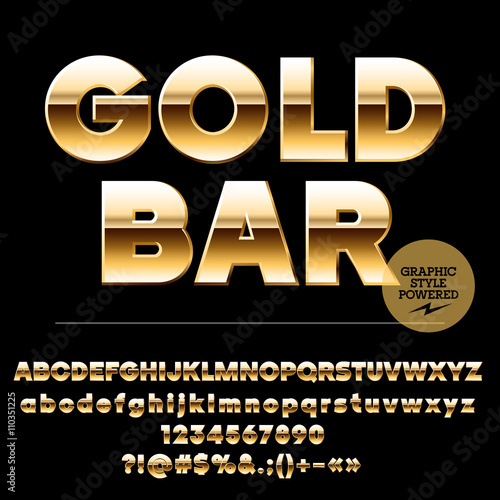 Vector set of chic gold alphabet letters, numbers and punctuation symbols. Sans ultra bold style