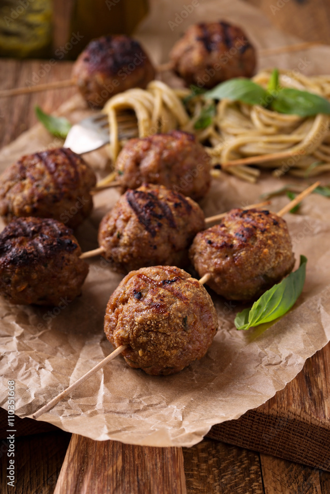 Turkey meatballs on wooden skewers Turkey meatballs on wooden skewers
