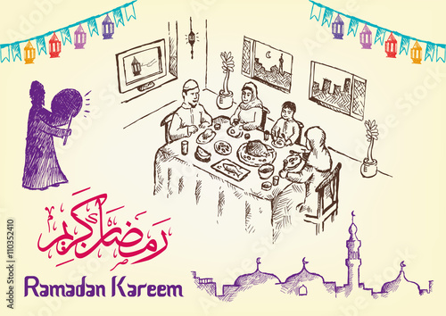 Hand Drawn Ramadan Festivity Image Themes with Ramadan Kareem Greeting in Arabic Calligraphy and English version of it. Editable Clip Art EPS10 illustration
