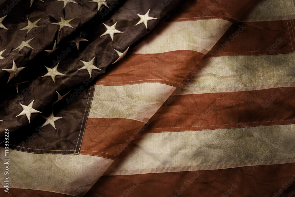 Naklejka premium Old and creased US flag. Aged flag of US. Time doesn't stand still. Past won't blur the way.