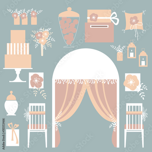 Vector set of decorative wedding elements. Chairs, arch, cake, lanterns, flowers, bouquet, gifts, pillow for rings, cards box. Vector illustration