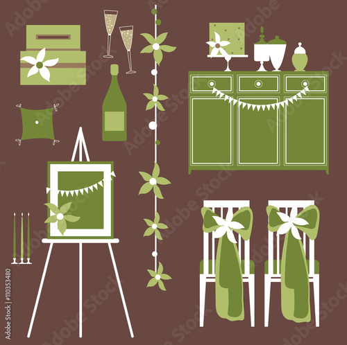 Vector set of decorative wedding elements. Chairs,  cake, candy buffet,  flowers, a bottle of wine with glasses, pillow for rings, cards box. Vector illustration