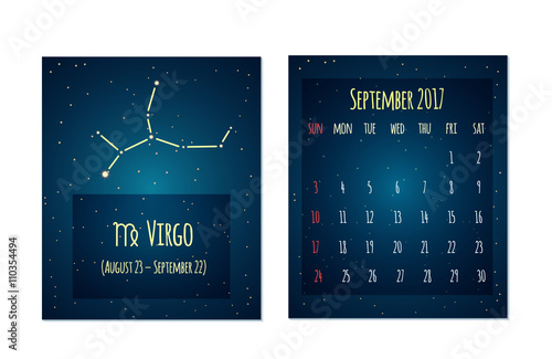 Vector calendar for September 2017 in the space style. Calendar with the image of the Virgo constellation in the night starry sky. Elements for creative design ideas of your calendar