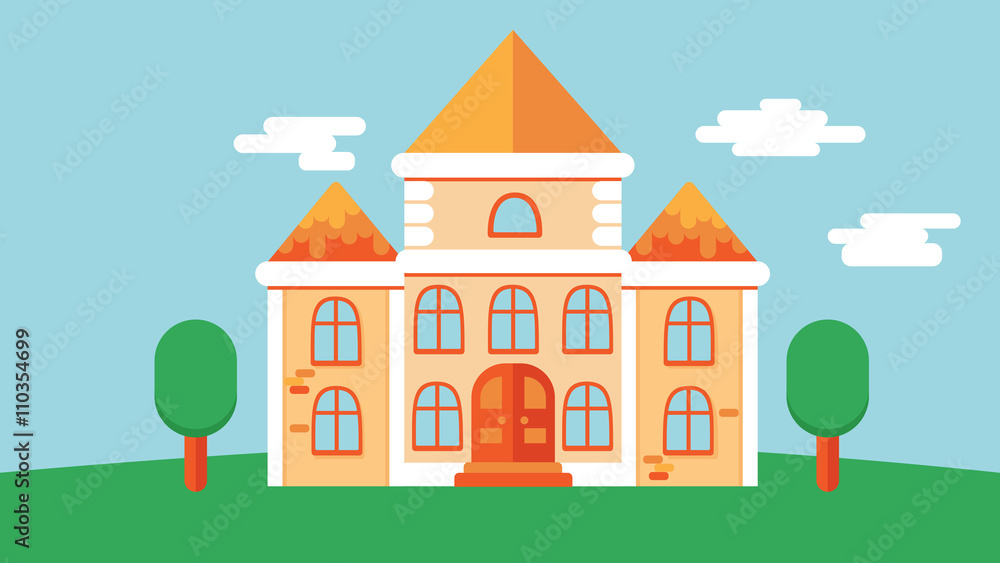 Flat classic medieval castle vector building with tile roof and green tree around. Flat classic medieval castle vector building with tile roof and green tree around.
