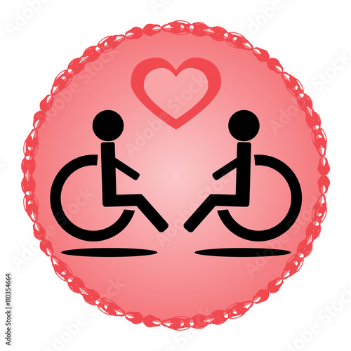 Schematic disabled loving couple in a wheelchair on a pink backg