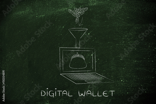 coins dropped into laptop's virtual purse, caption digital walle
