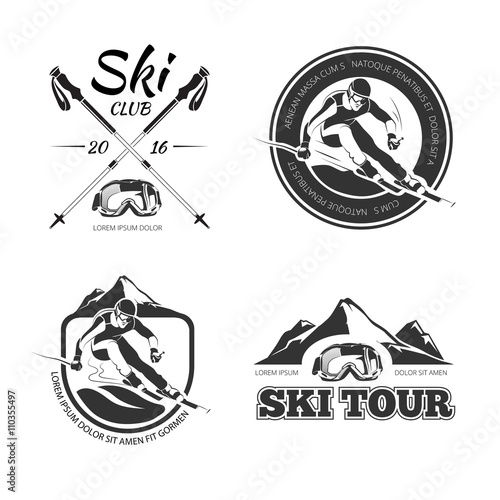 Vintage skiing and winter Sports vector emblems, labels, badges, logos set