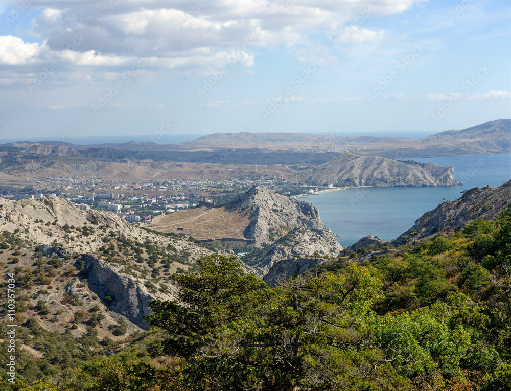Fototapeta premium View towards Sudak from Sokol (Hawk) Mountain, Crimea, Russia.