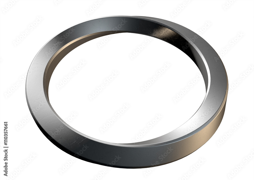 A 3D rendering of an infinity symbol ring made of shiny steel on an isolated white studio background A 3D rendering of an infinity symbol ring made of shiny steel on an isolated white studio background