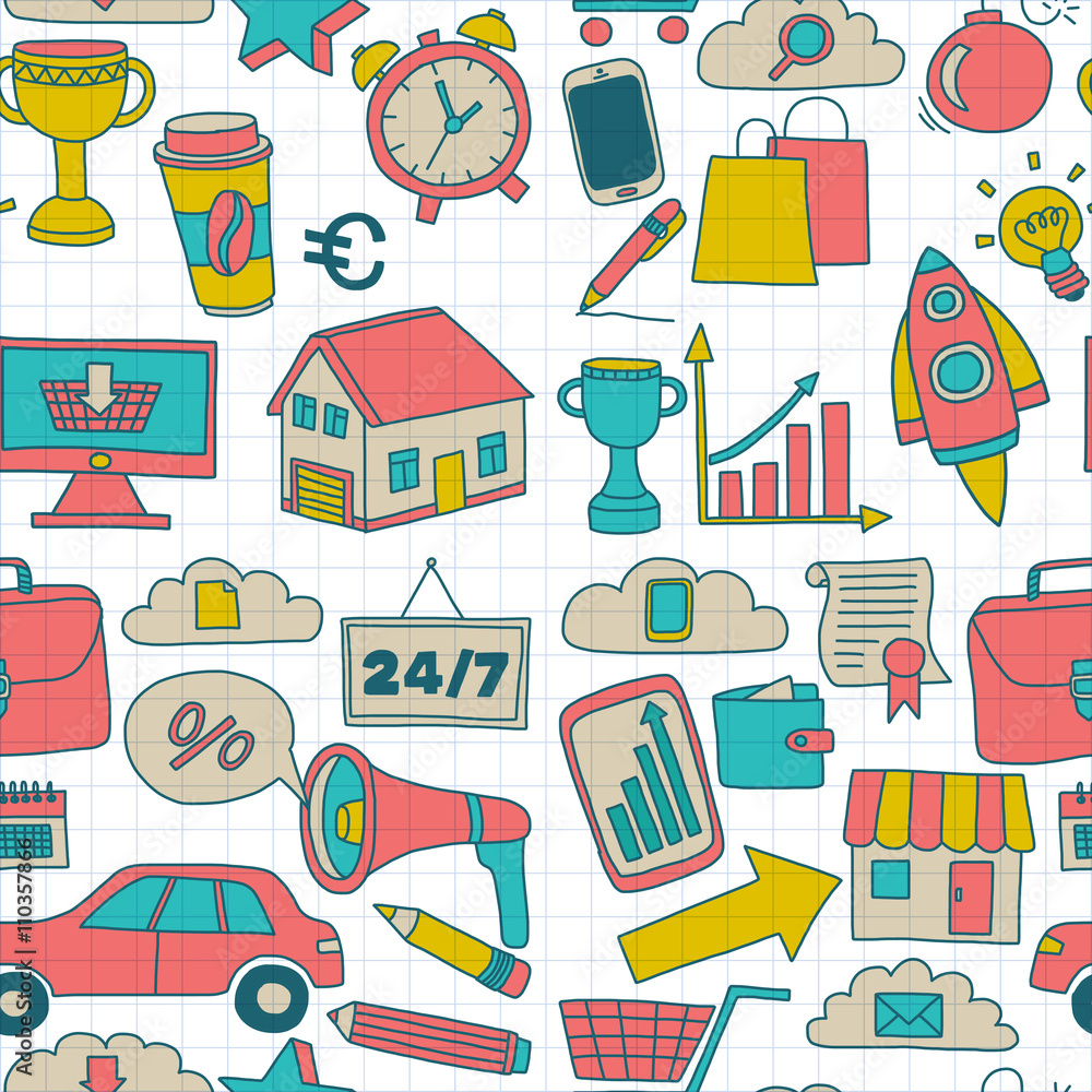 Doodle vector seamless pattern with business elements