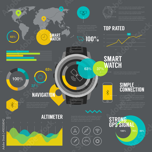 Premium quality flat color smart watch infographic on dark background. Modern web graphics thin line icons set. 
Simple mono outline symbol collection and vector pictogram pack.
