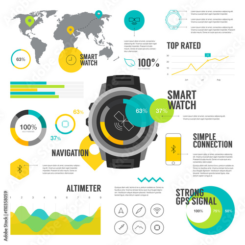 Premium quality flat color smart watch infographic. Modern web graphics thin line icons set. 
Simple mono outline symbol collection and vector pictogram pack.