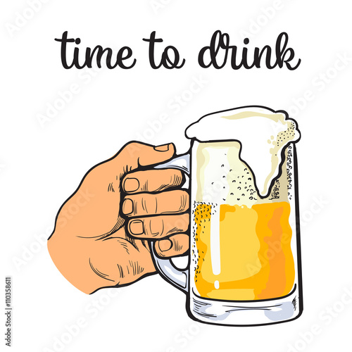 Hand holding a full glass of beer, vector illustration sketch narisovany by hand, isolation on a white background male hand with a mug of foamy golden beer, the concept of time to drink alcohol