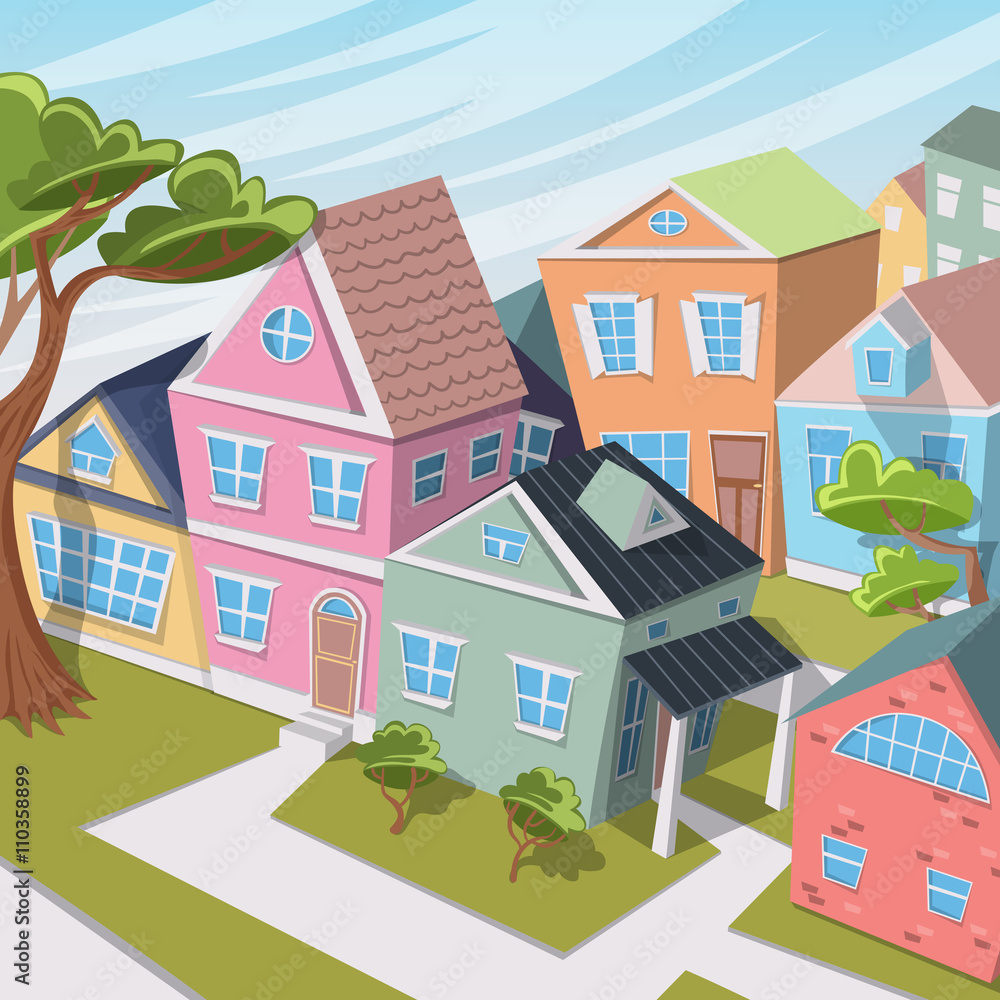 City landscape with houses and trees. Cartoon vector illustration