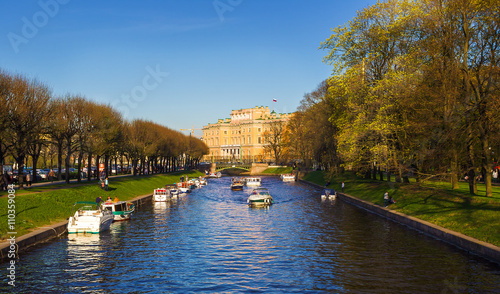 View of the Mikhailovsky Castle and the river Moyka. Saint Petersburg. Russia.